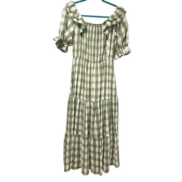 JessaKae Orchard Green & White Gingham Dress Cottagecore Prariecore Elastic | S - Picture 2 of 16
